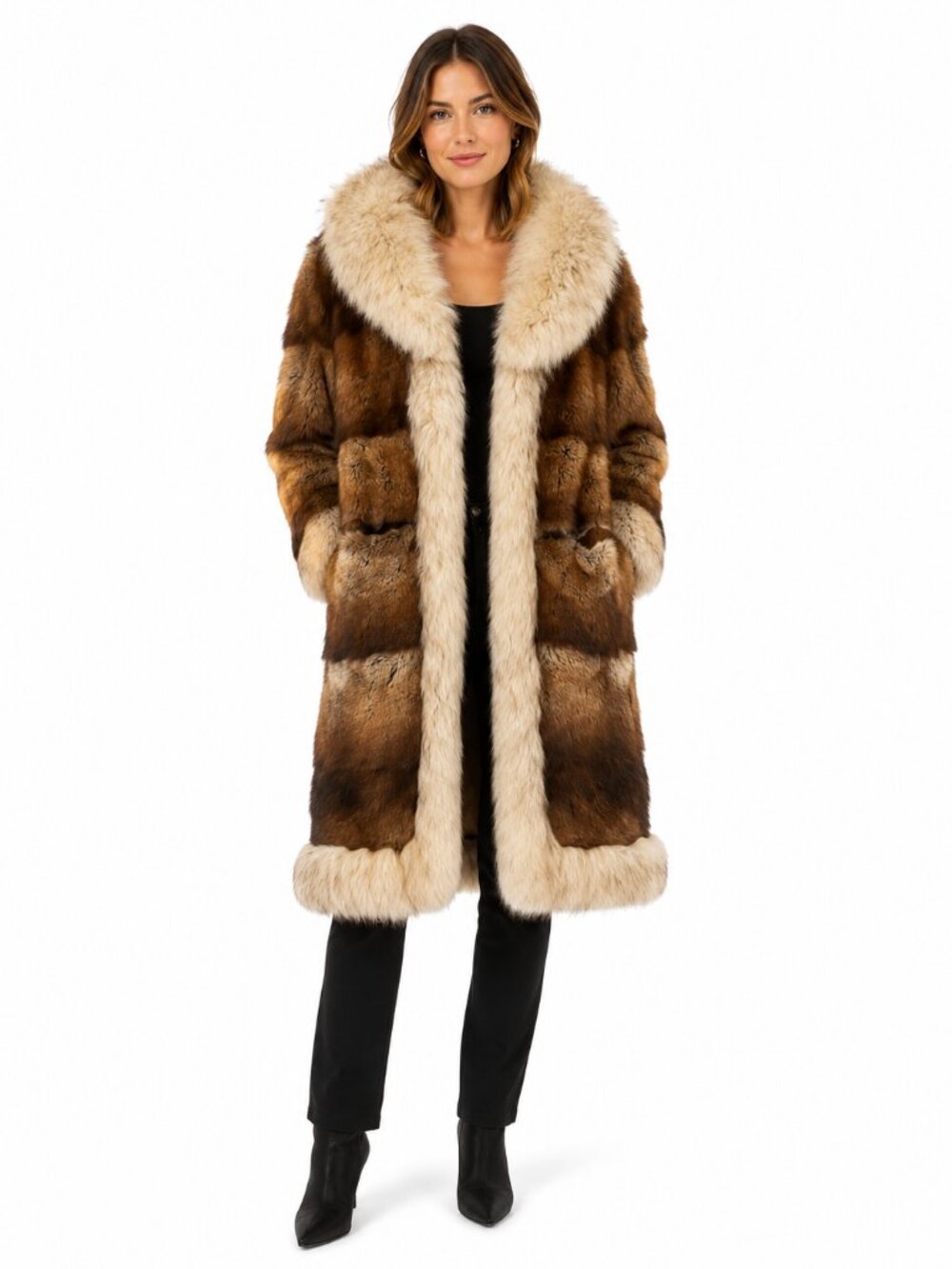 Vintage Real Fur Coat Mid-Length Jacket with Plush Contrast Collar & Chevron Pat